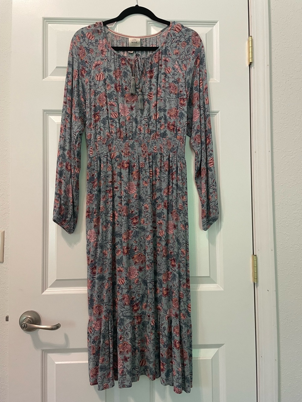 Flowy Floral Tie-Neck Midi Dress in Blue and Rose